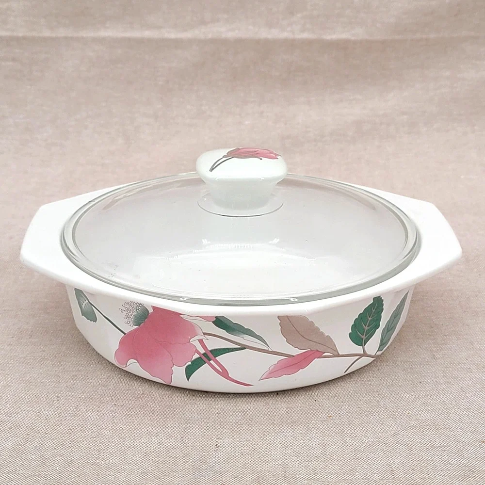 Vtg Mikasa Fire & Ice Silk Flowers Covered Casserole Dish 80's Glass Lid AA009